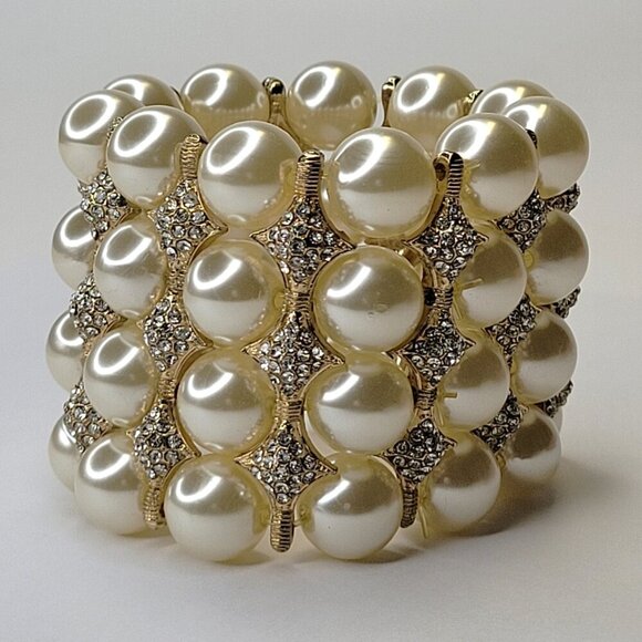Statement Large White Pearl Ball Bead Stretchy Cuff Bracelet - Picture 4 of 10